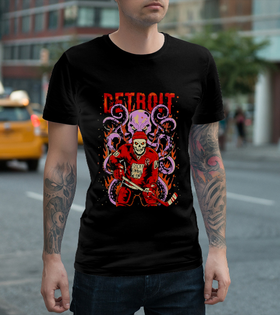 Detroit Salty Goon Skeleton Hockey Giant Octopus T-Shirt