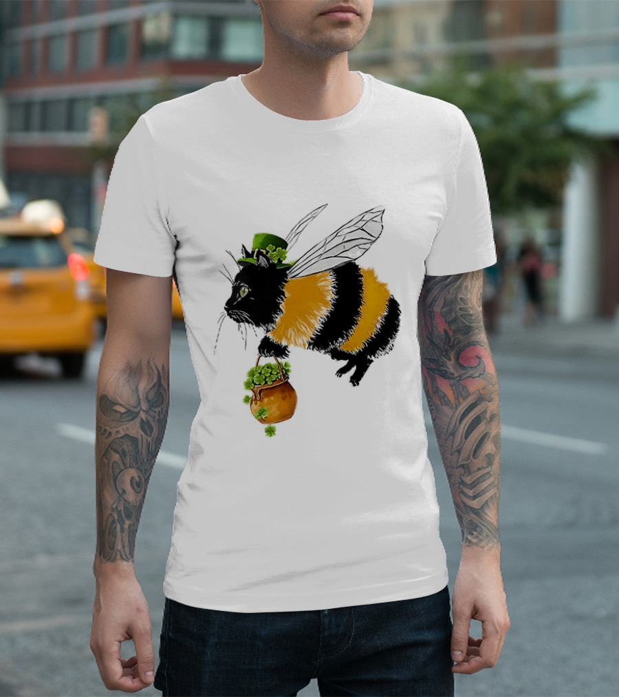 Catbee Lucky Buzz Cat With Clover And Leprechaun Hat T-Shirt