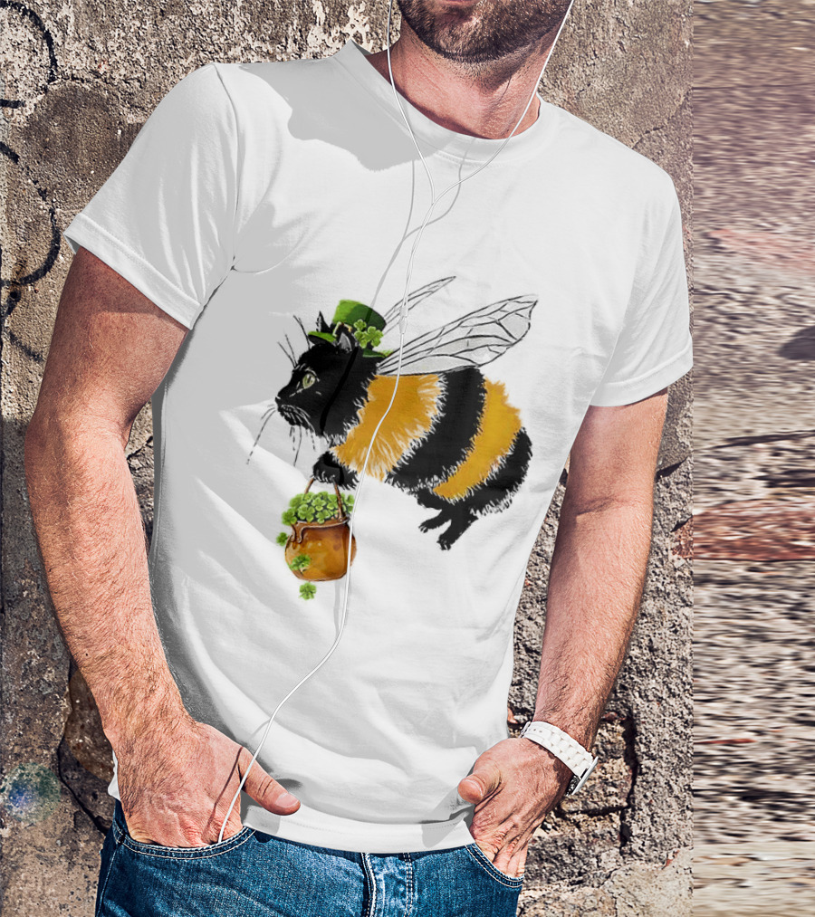 Catbee Lucky Buzz Cat With Clover And Leprechaun Hat T-Shirt