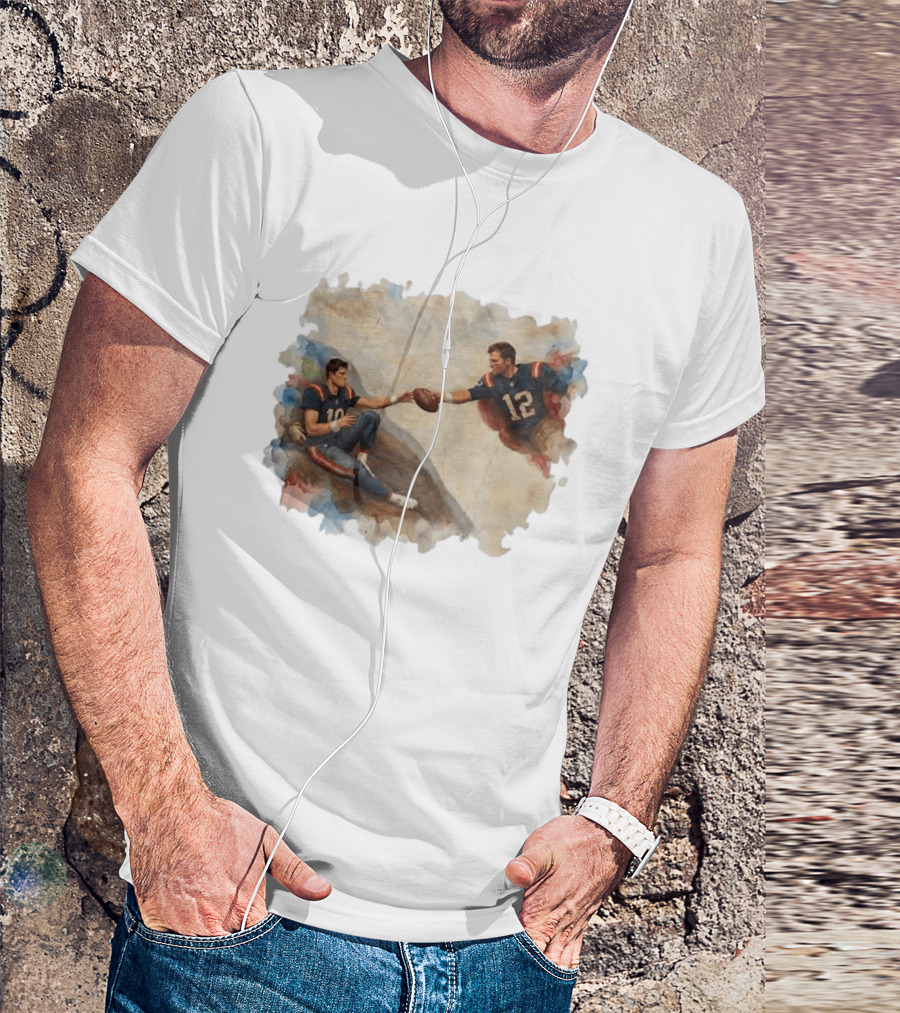 New England Football Brady Number 12 And Maye Number 10 Handing Football Painting T-Shirt