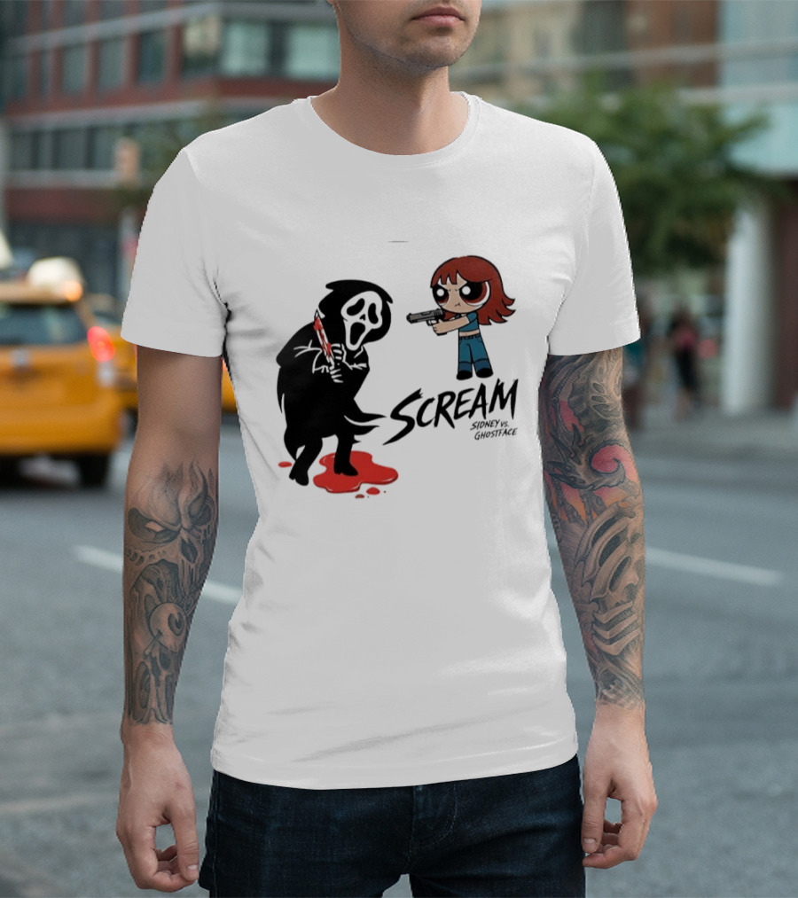 Scream Sidney Vs. Ghostface Cartoon Style Showdown With Knife And Splatter T-Shirt