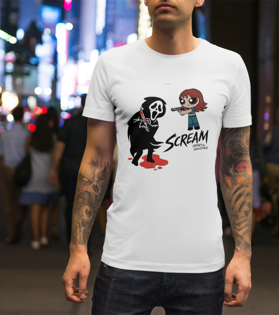 Scream Sidney Vs. Ghostface Cartoon Style Showdown With Knife And Splatter T-Shirt