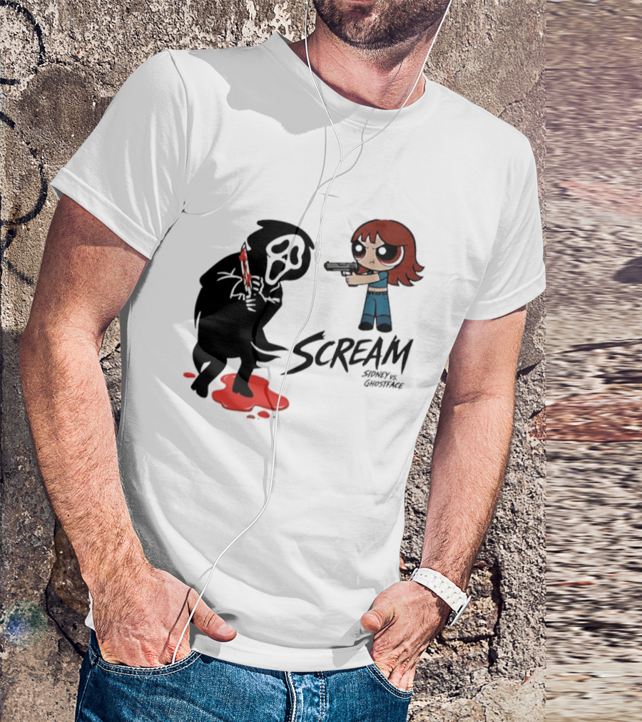 Scream Sidney Vs. Ghostface Cartoon Style Showdown With Knife And Splatter T-Shirt