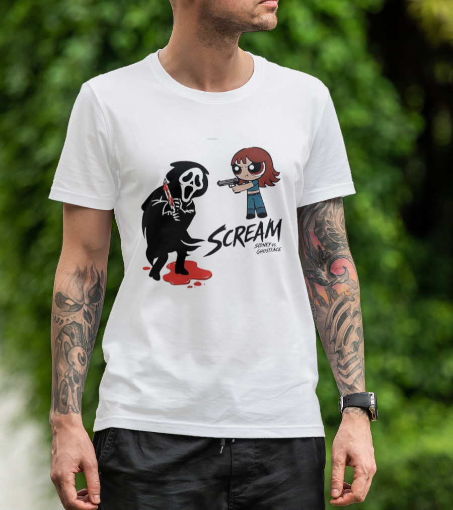 Scream Sidney Vs. Ghostface Cartoon Style Showdown With Knife And Splatter T-Shirt