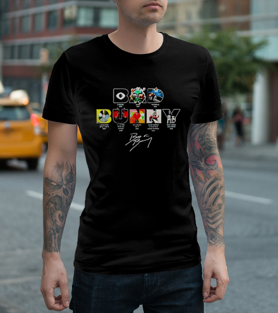 Bad Bunny World Tour 2026 Album Cover Colorful Block Letters T-Shirt