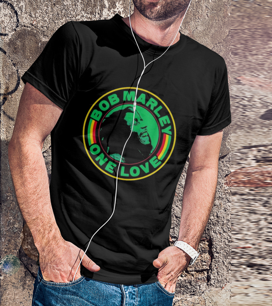 Bob Marley One Love Iconic Circle Emblem With Green And Red Highlights T-Shirt