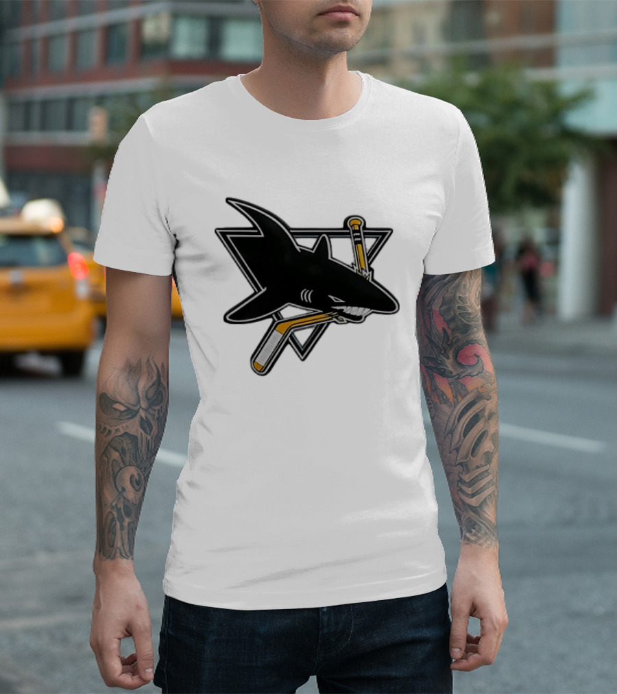 San Jose Sharks Biting Hockey Stick Triangle Sports T-Shirt