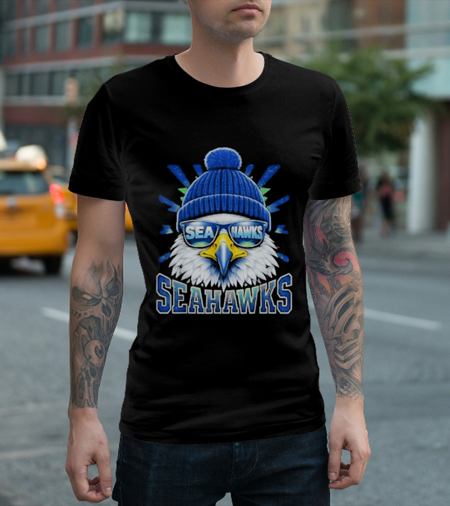 Seahawks Eagle Face With Sunglasses And Winter Hat T-Shirt