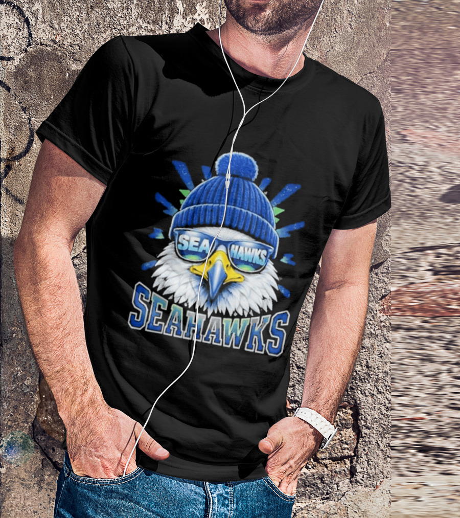 Seahawks Eagle Face With Sunglasses And Winter Hat T-Shirt