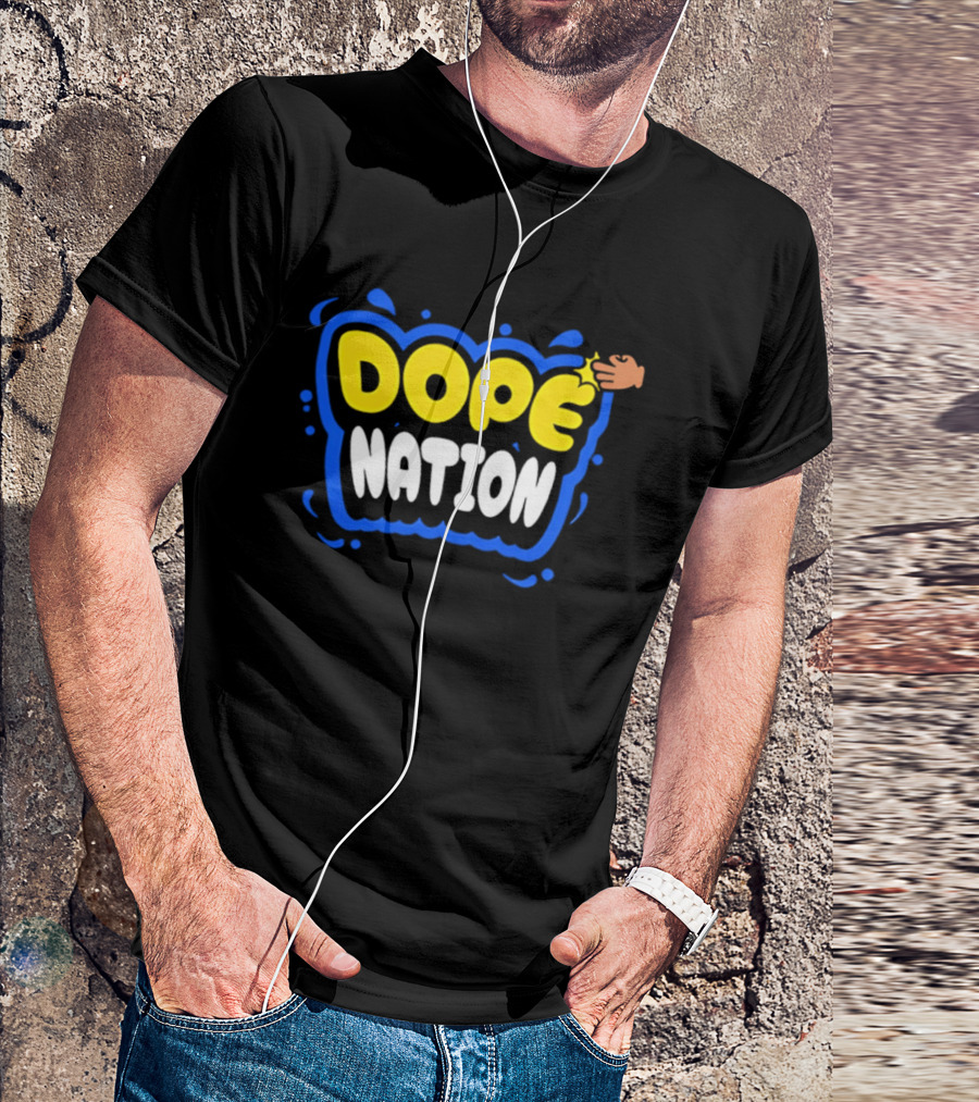 Dope Nation Bubble Letters With Yellow Hand And Blue T-Shirt