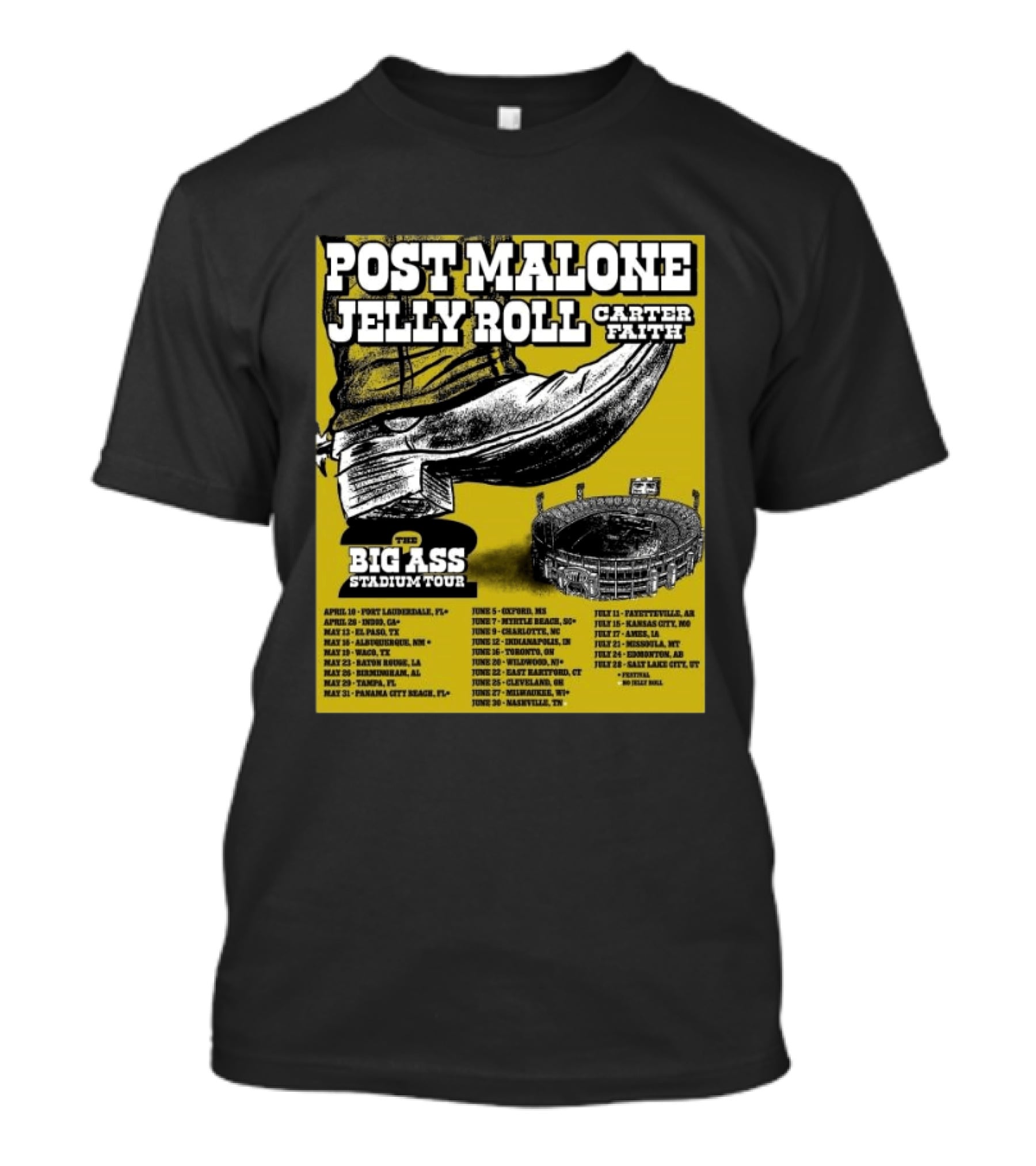 Post Malone Jelly Roll Carter Faith Big Ass Stadium Tour 2026 Limited Edition Dates And Venues T-Shirt