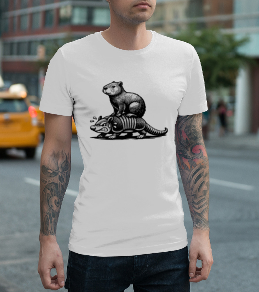 Capybara Riding Armadillo Black And White Illustration Adventure T-Shirt