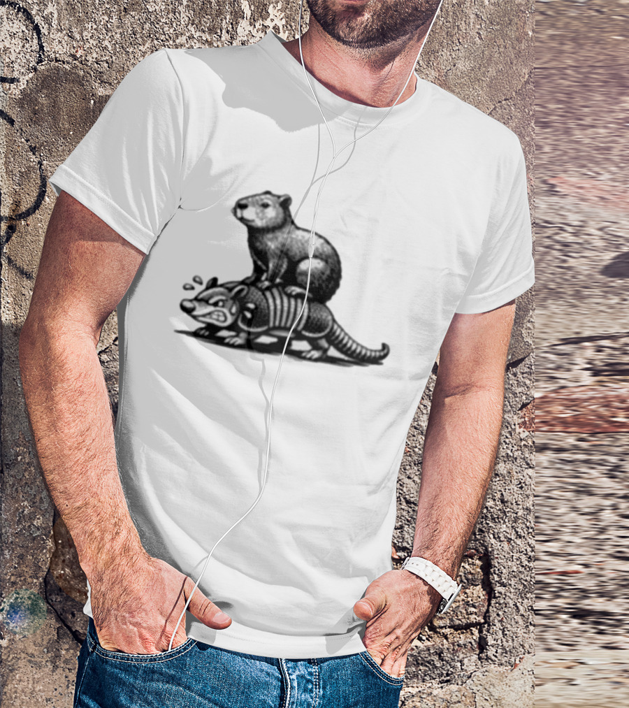 Capybara Riding Armadillo Black And White Illustration Adventure T-Shirt