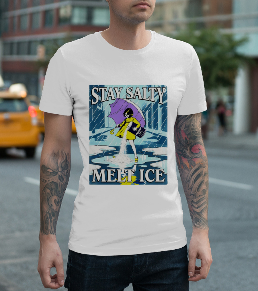 Morton Salt Stay Salty Melt ICE Umbrella Girl Retro Rain Scene T-Shirt