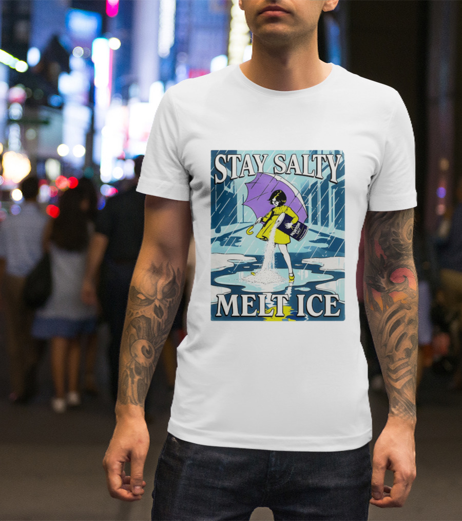 Morton Salt Stay Salty Melt ICE Umbrella Girl Retro Rain Scene T-Shirt