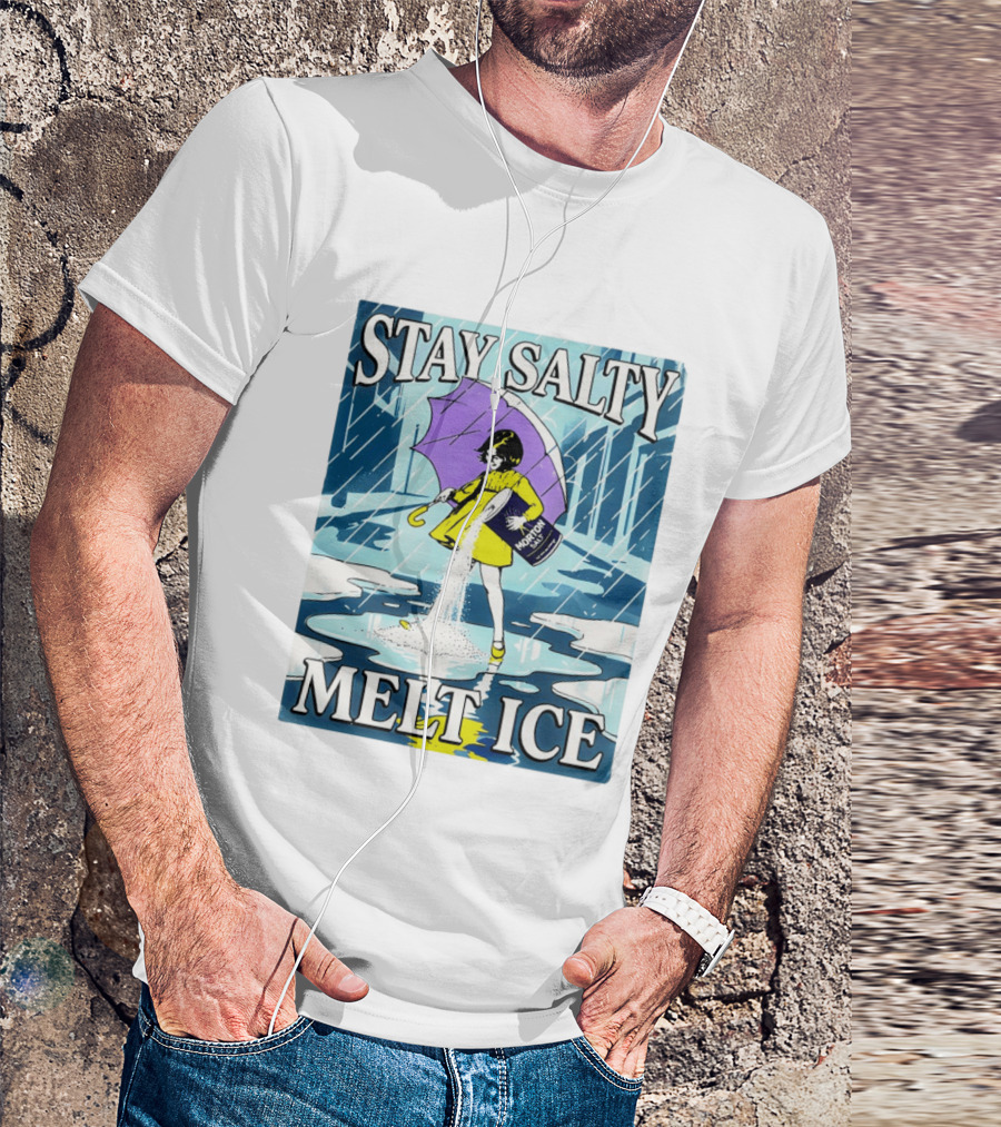 Morton Salt Stay Salty Melt ICE Umbrella Girl Retro Rain Scene T-Shirt