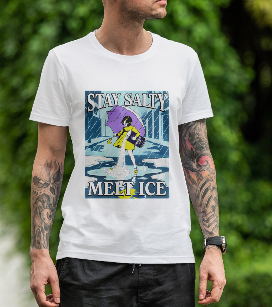 Morton Salt Stay Salty Melt ICE Umbrella Girl Retro Rain Scene T-Shirt