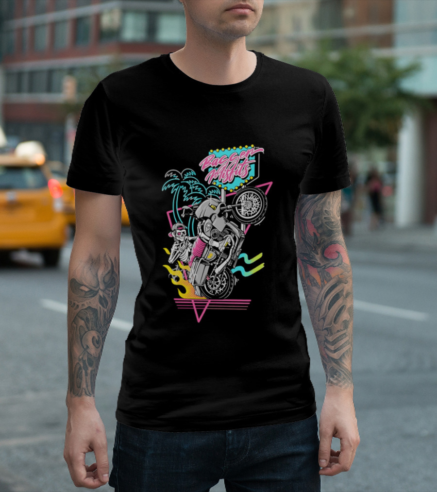 Bagger Misfits Skeleton Motorcycle Wheelie Neon 80s Palm Trees T-Shirt