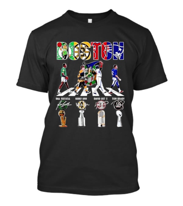 Boston Celtics Bruins Red Sox Patriots Bill Russell Bobby Orr David Ortiz Tom Brady Trophies Legends Signatures T-Shirt