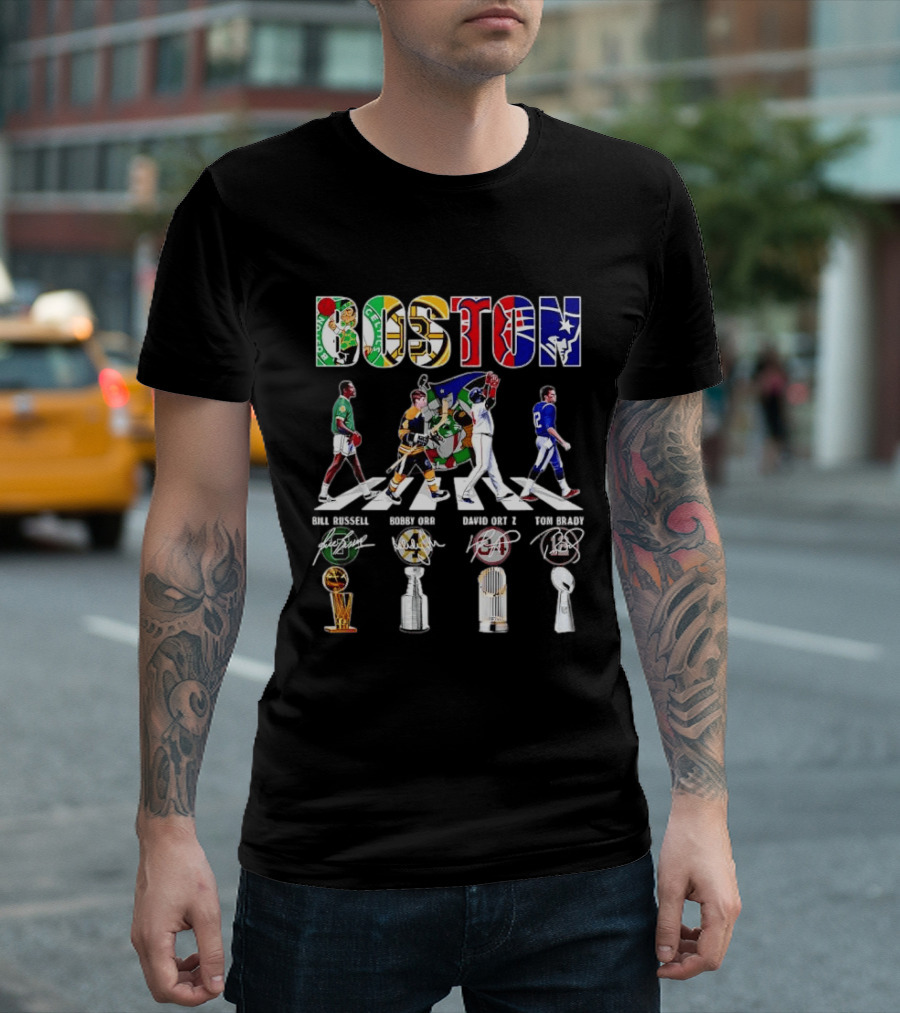 Boston Celtics Bruins Red Sox Patriots Bill Russell Bobby Orr David Ortiz Tom Brady Trophies Legends Signatures T-Shirt