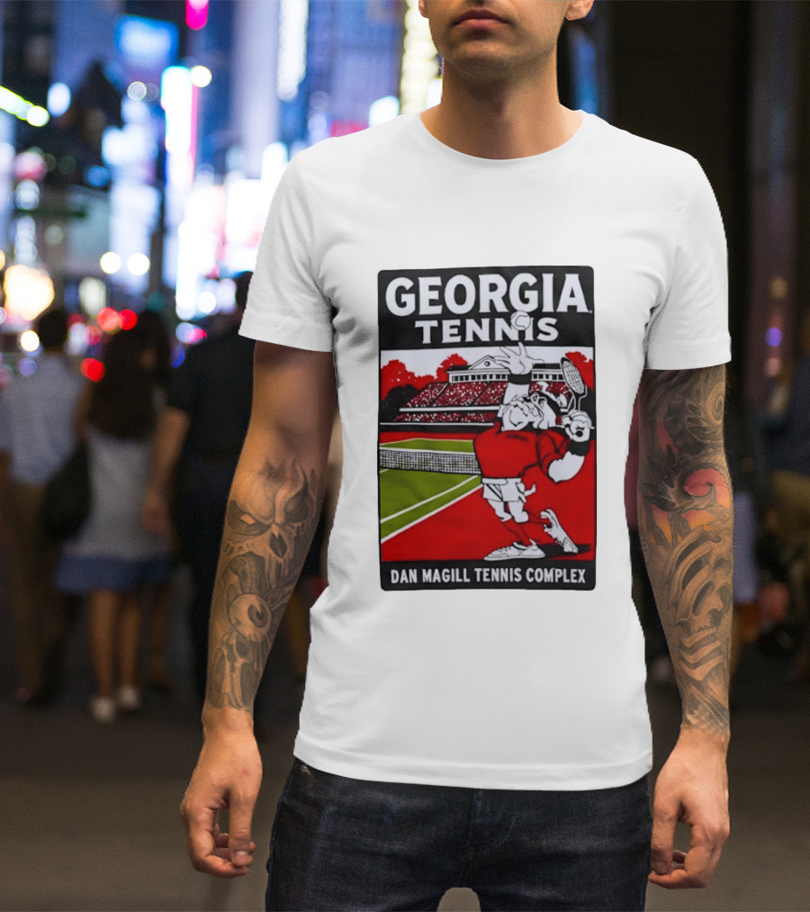 Georgia Tennis Dan Magill Tennis Complex Cartoon Character Court Scene T-Shirt