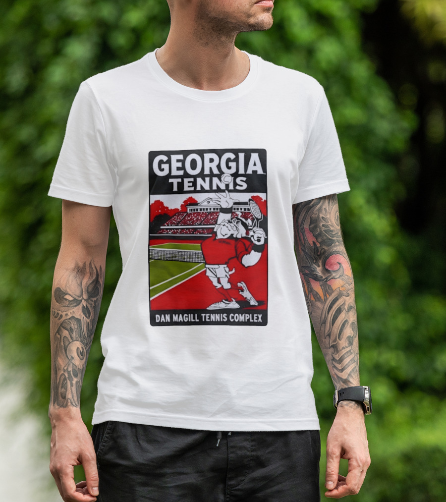 Georgia Tennis Dan Magill Tennis Complex Cartoon Character Court Scene T-Shirt