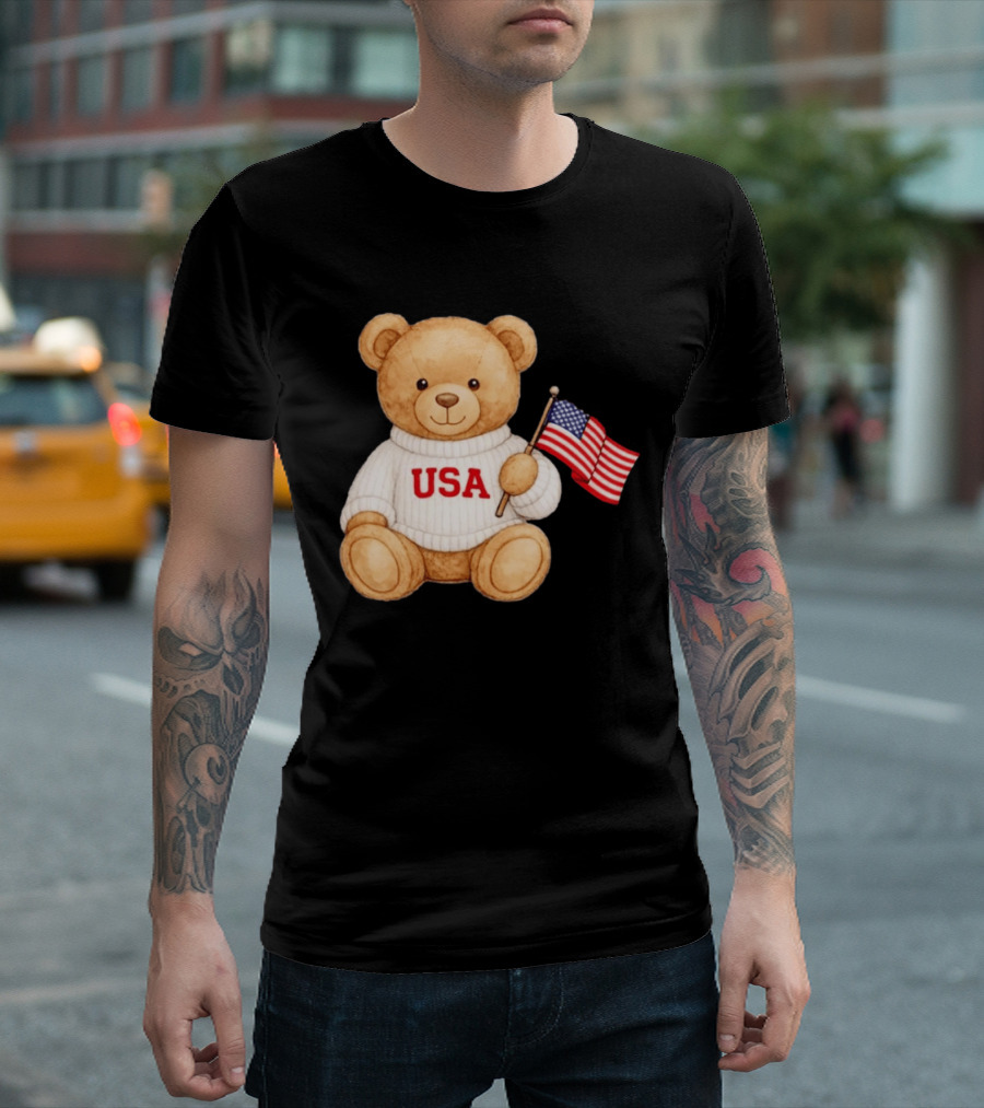 USA Teddy Bear Holding American Flag T-Shirt