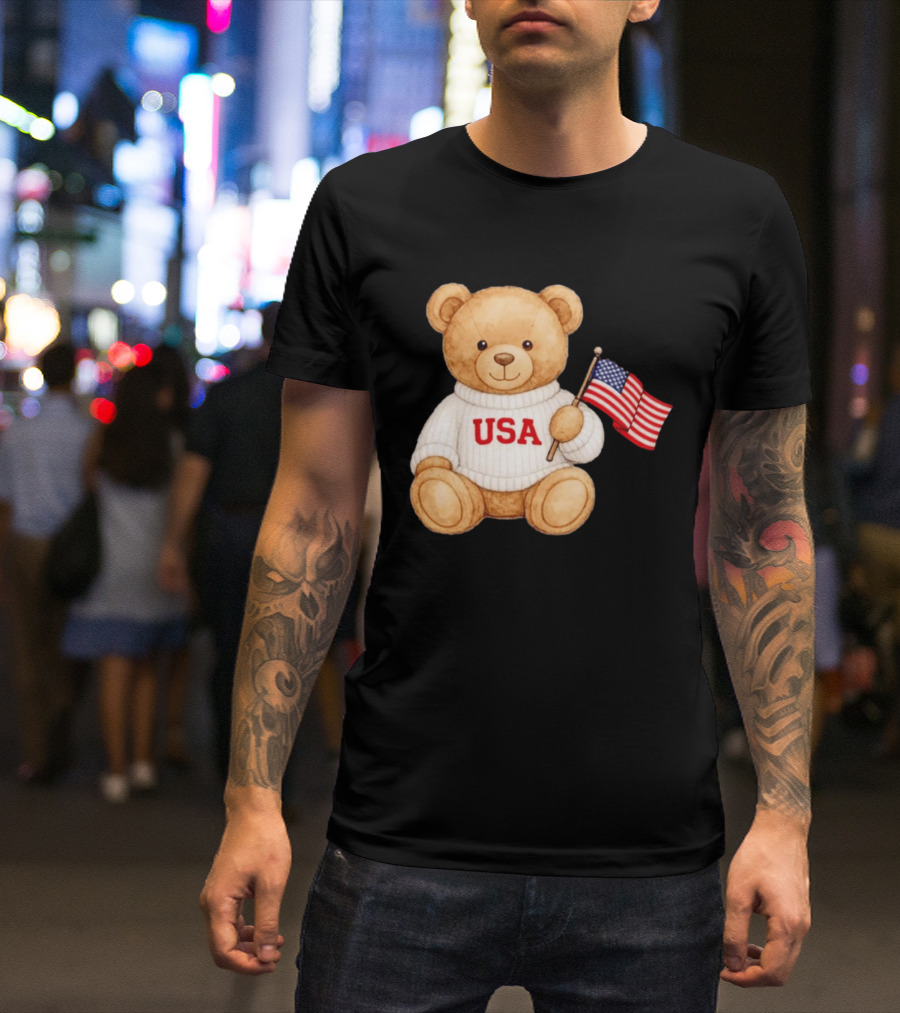 USA Teddy Bear Holding American Flag T-Shirt