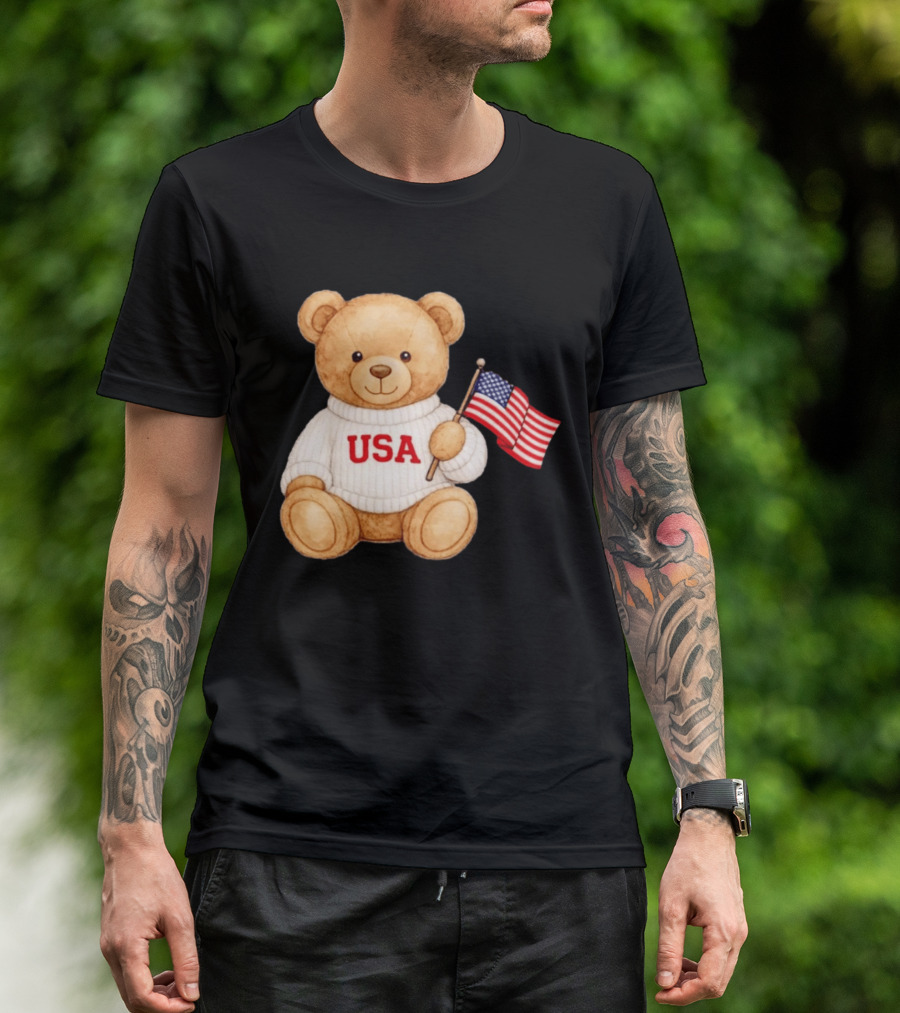 USA Teddy Bear Holding American Flag T-Shirt