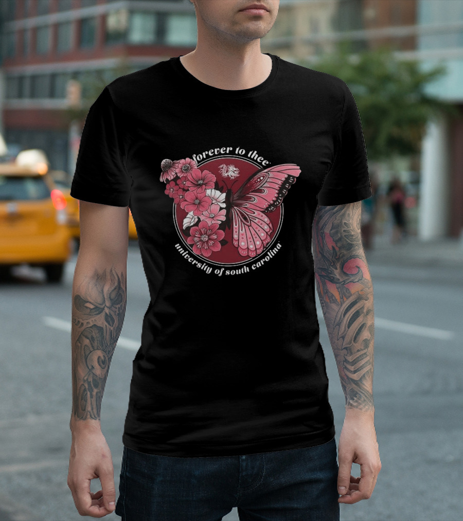 South Carolina Gamecocks Garnet Butterfly Forever To Thee University Flowers T-Shirt