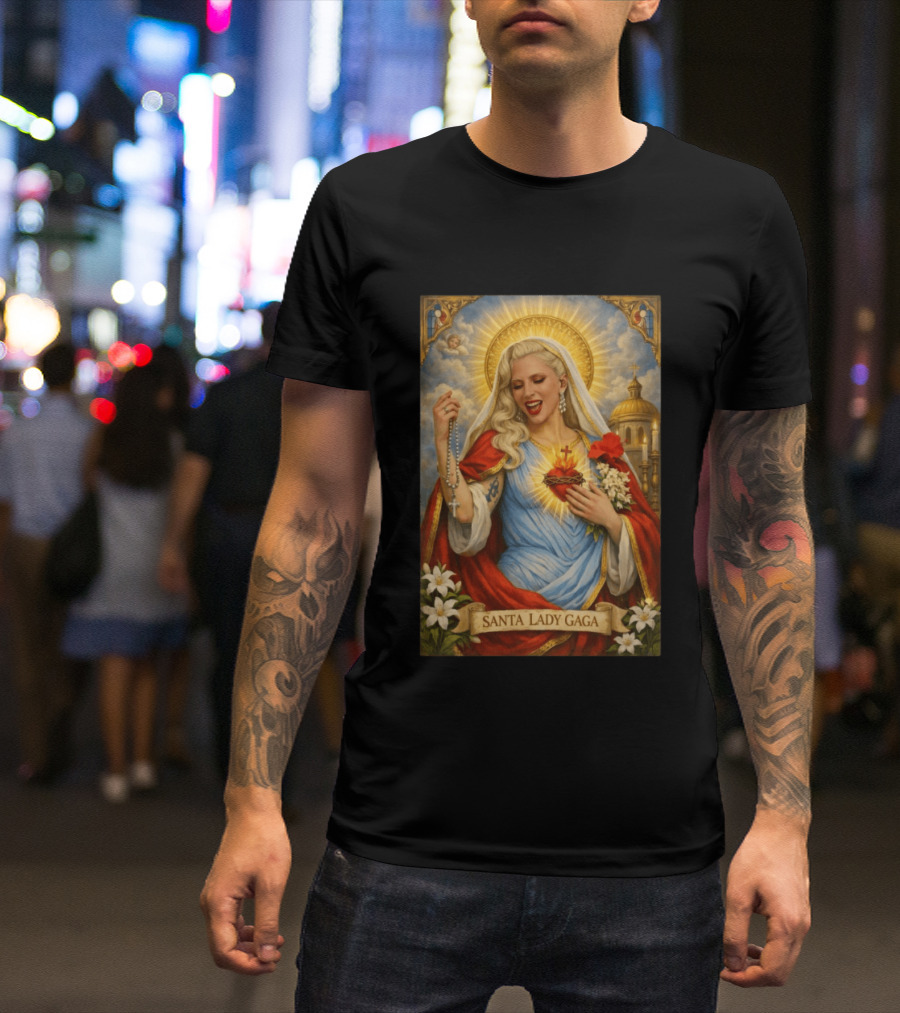Santa Lady Gaga Sacred Heart Imagery With Rosary And Golden Halo T-Shirt