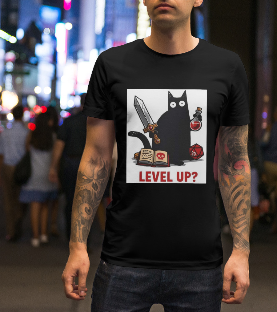 Black Cat Level Up Sword Potion D20 Dice Book Dungeons And Dragons T-Shirt