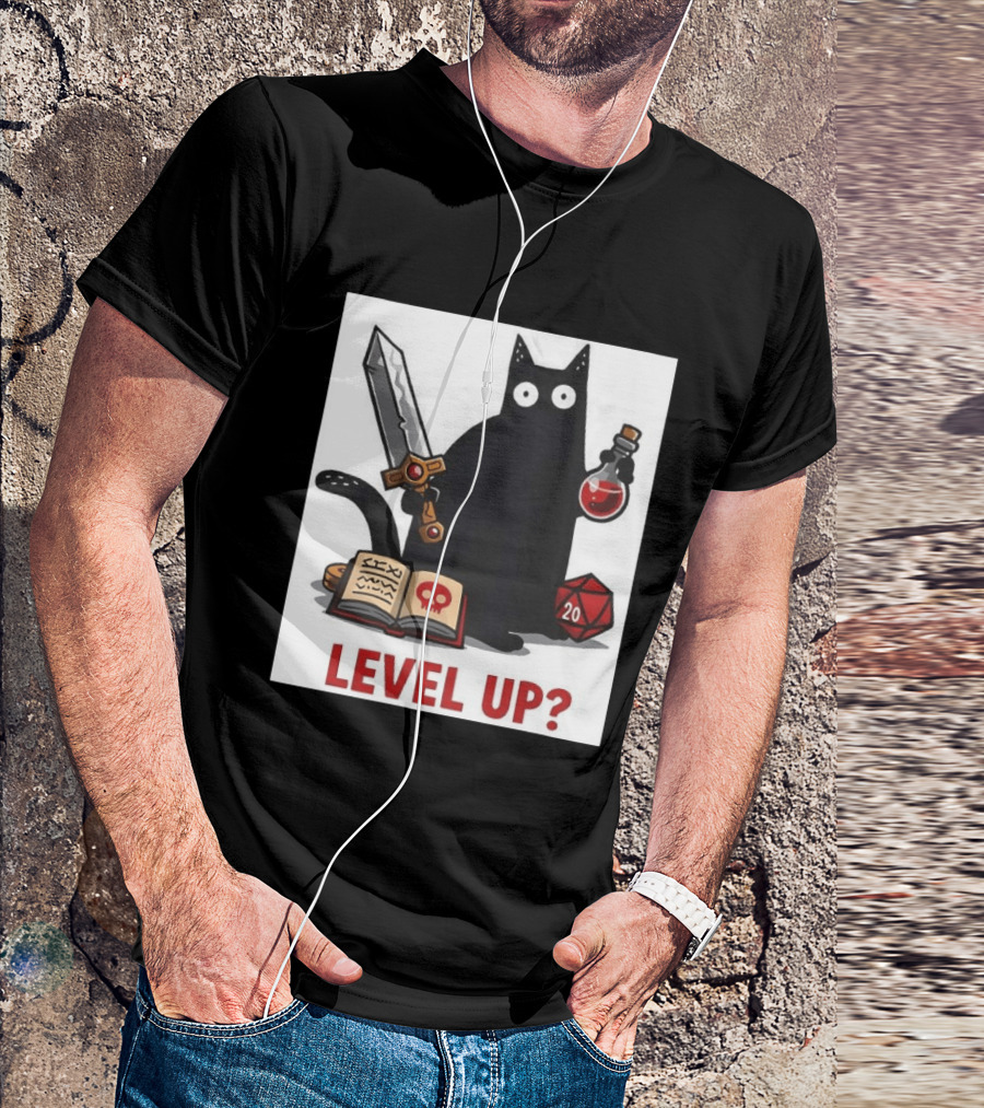Black Cat Level Up Sword Potion D20 Dice Book Dungeons And Dragons T-Shirt