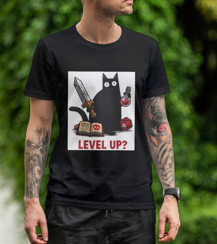 Black Cat Level Up Sword Potion D20 Dice Book Dungeons And Dragons T-Shirt