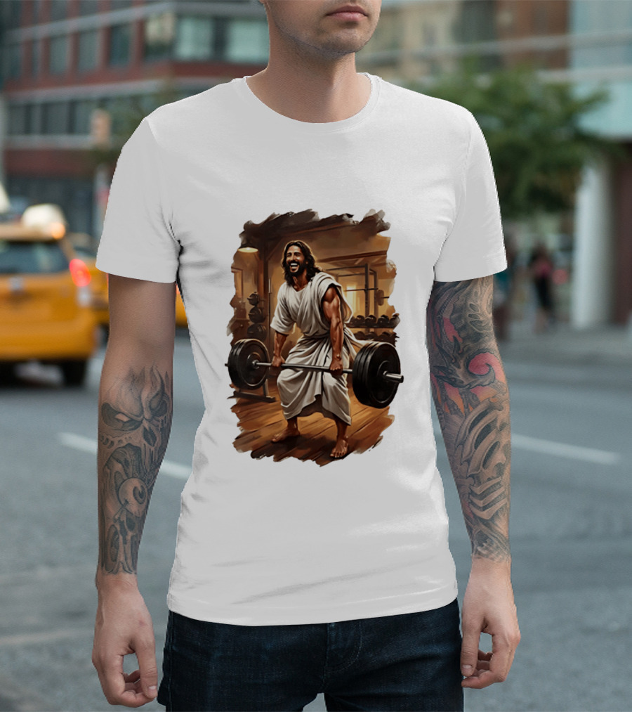 Jesus Lifting Weights In Gym Spiritual Fitness Motivation T-Shirt