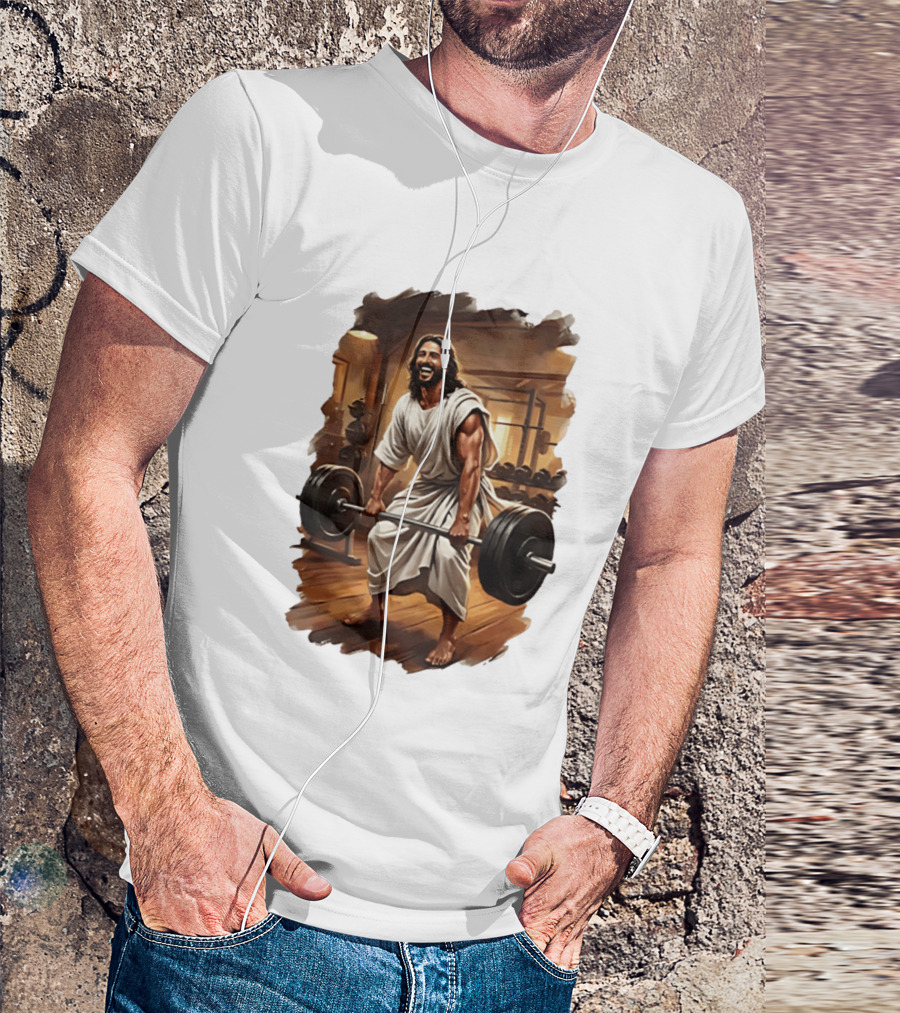 Jesus Lifting Weights In Gym Spiritual Fitness Motivation T-Shirt