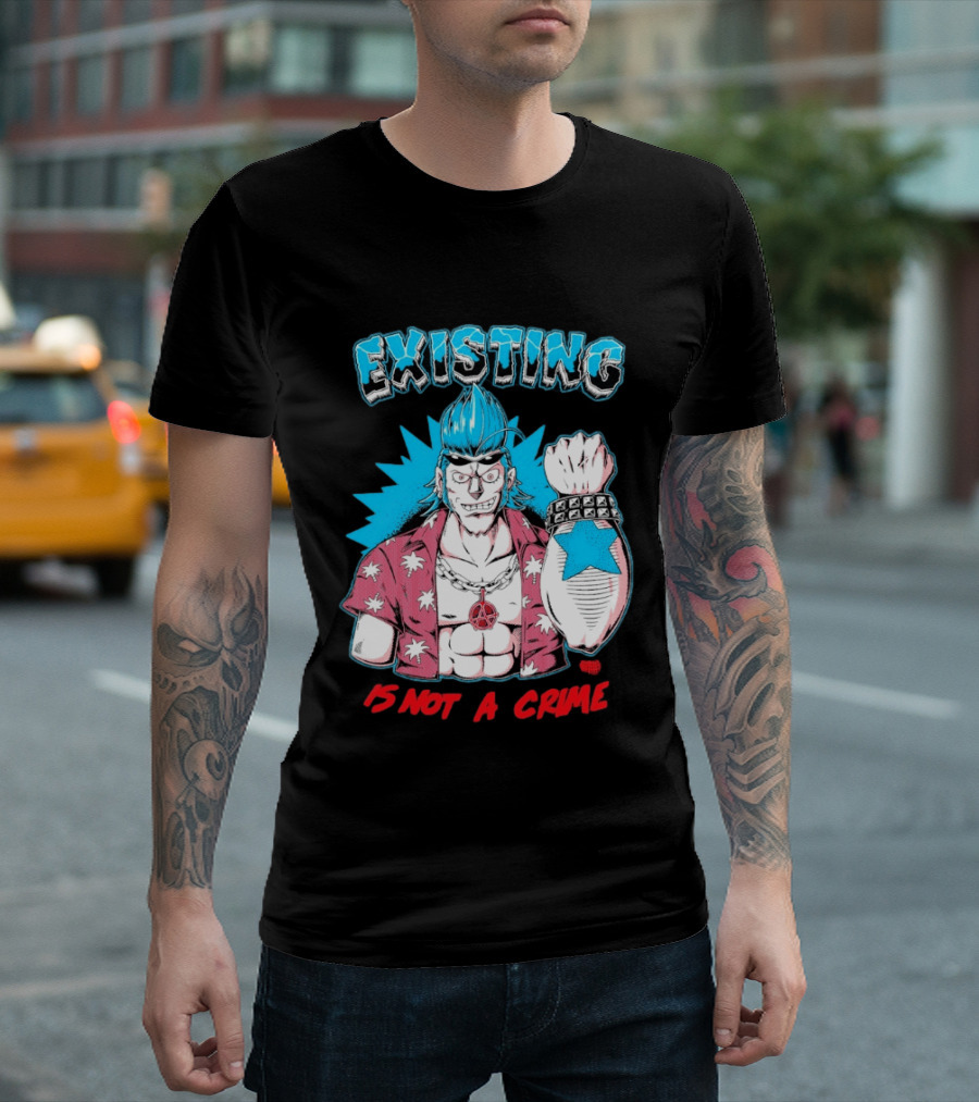 EXISTING IS NOT A CRIME Anime Punk Character Blue Hair Star Tattoo T-Shirt