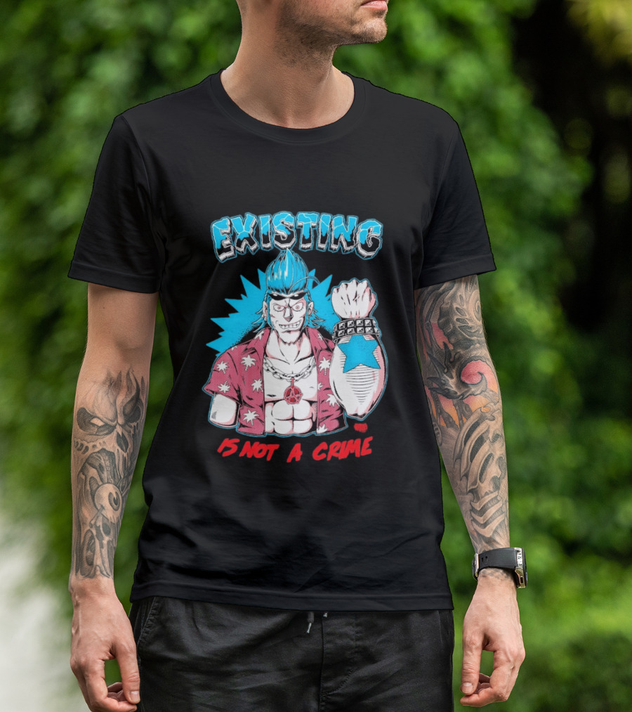 EXISTING IS NOT A CRIME Anime Punk Character Blue Hair Star Tattoo T-Shirt