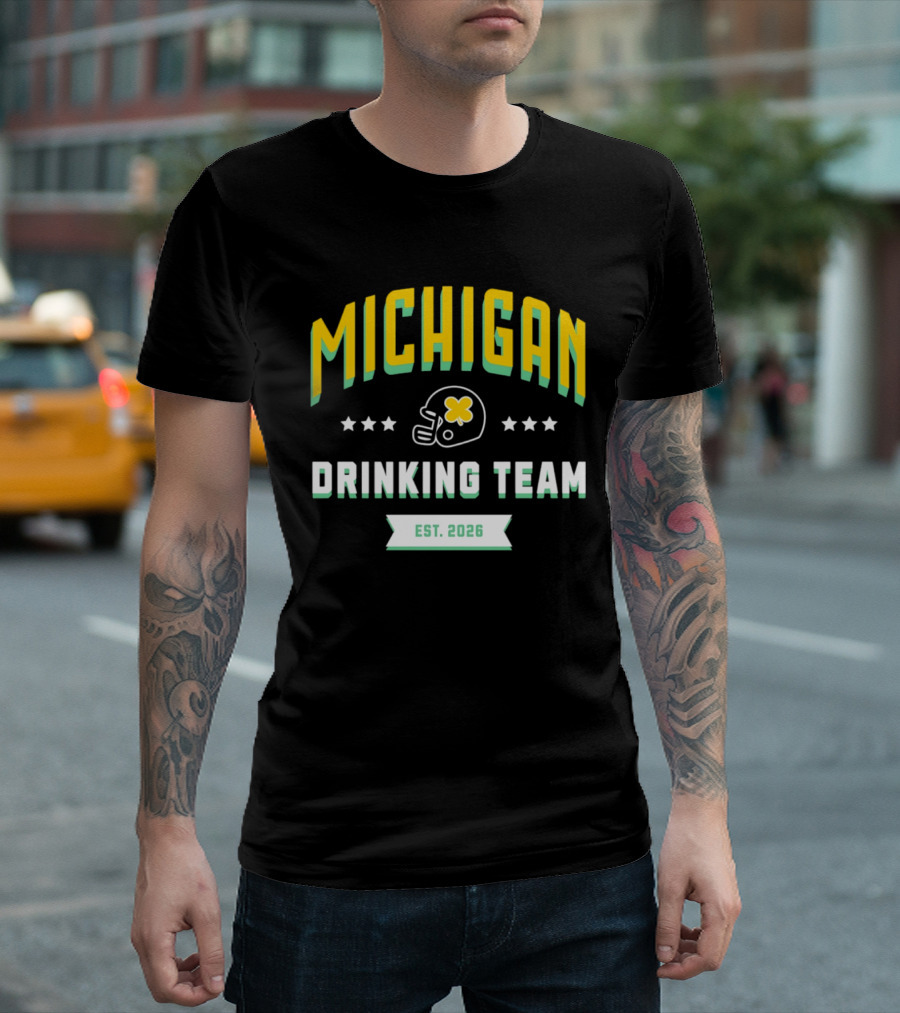 Michigan Wolverines Drinking Team St Patrick's Day Est 2026 Football Helmet Four Leaf Clover T-Shirt