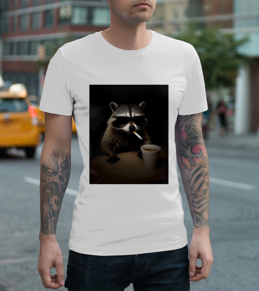 Raccoon Drinking Coffee Smoking Cigarette Wearing Sunglasses T-Shirt