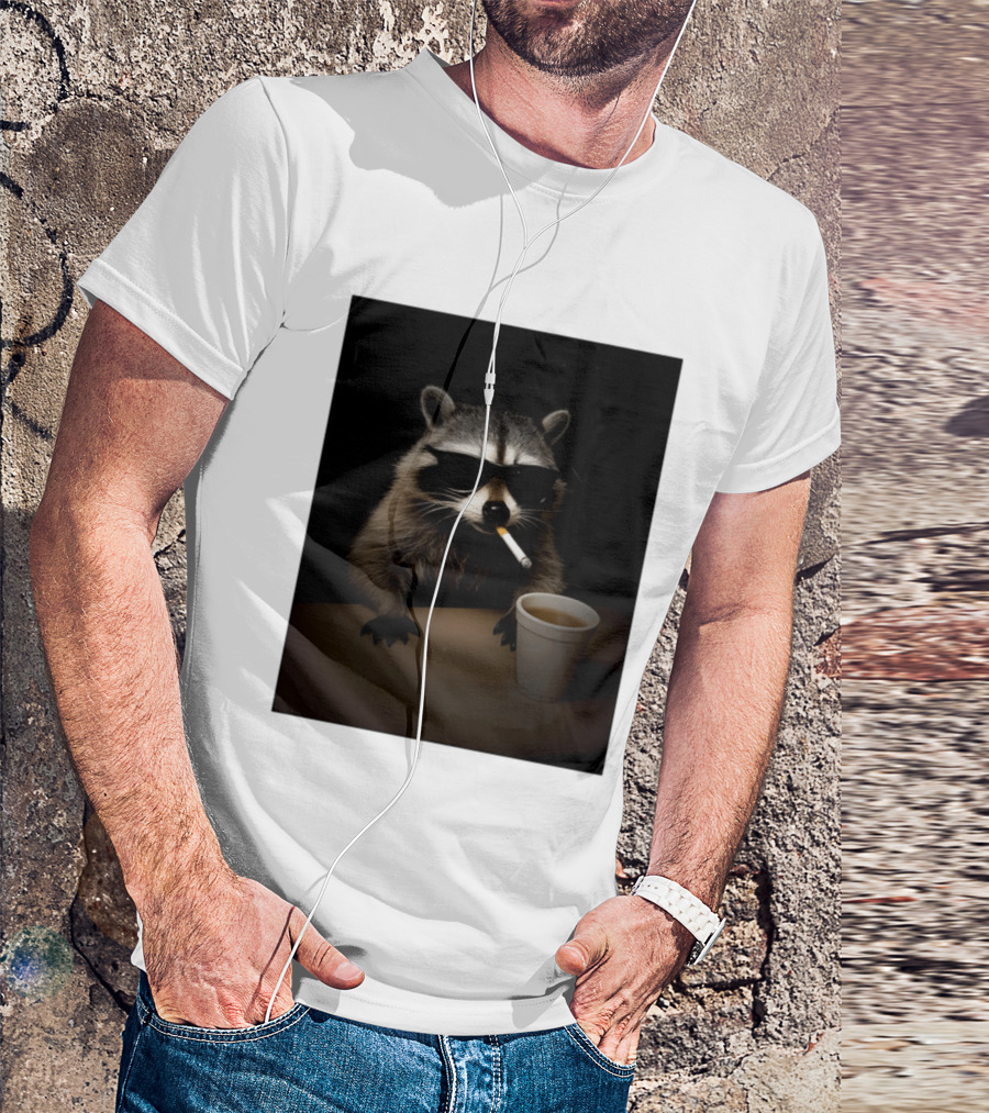 Raccoon Drinking Coffee Smoking Cigarette Wearing Sunglasses T-Shirt