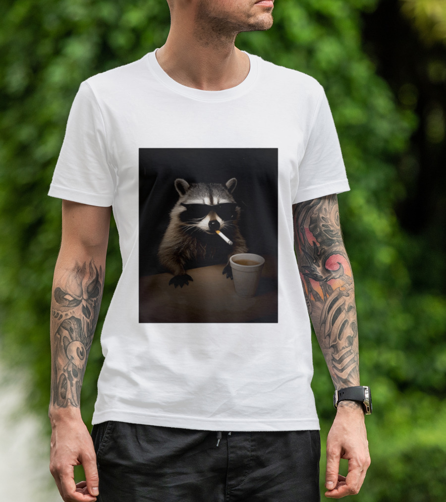 Raccoon Drinking Coffee Smoking Cigarette Wearing Sunglasses T-Shirt