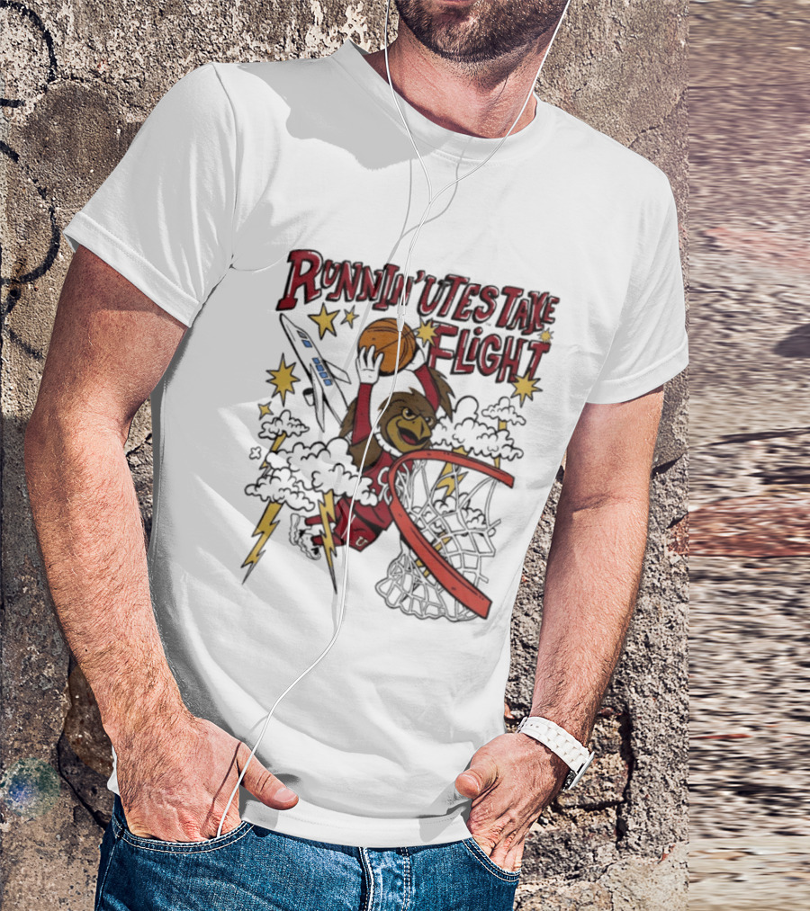 Runnin' Utes Take Flight Basketball Mascot Dunking With Clouds Lightning And Jet T-Shirt