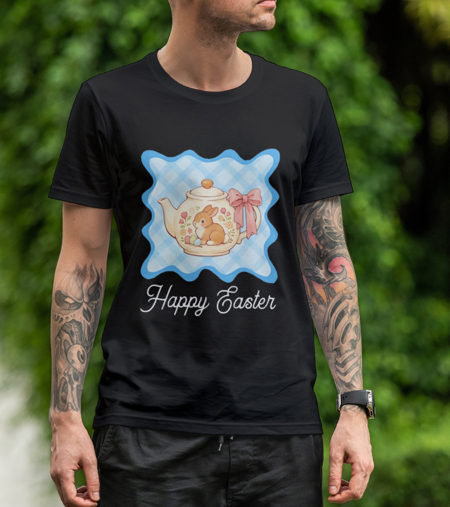 Happy Easter Bunny Teapot With Floral Blue Gingham And Pink Bow T-Shirt