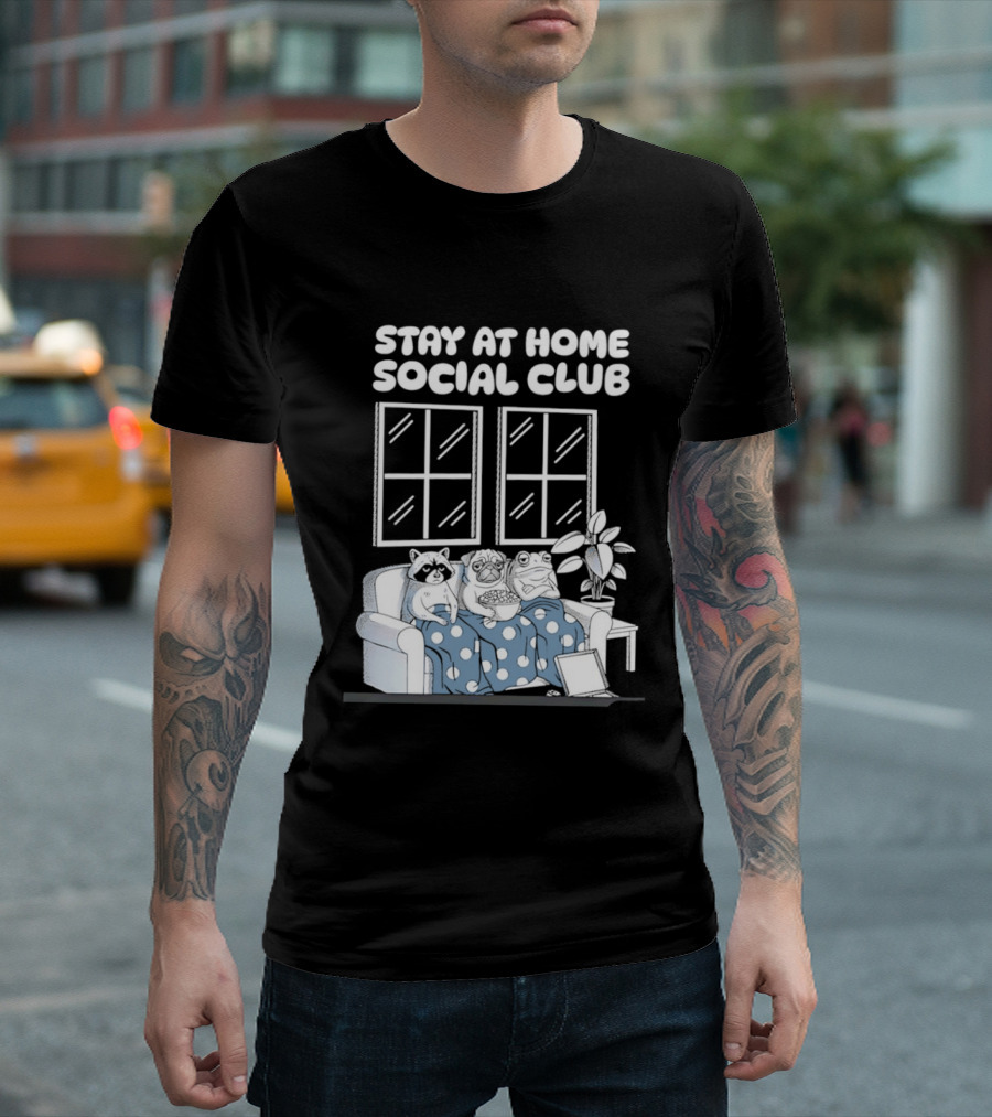 Stay At Home Social Club Raccoon Pug Frog Sofa Window Plant Scene T-Shirt