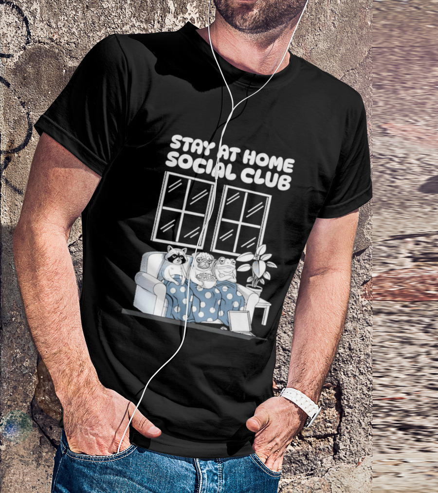 Stay At Home Social Club Raccoon Pug Frog Sofa Window Plant Scene T-Shirt