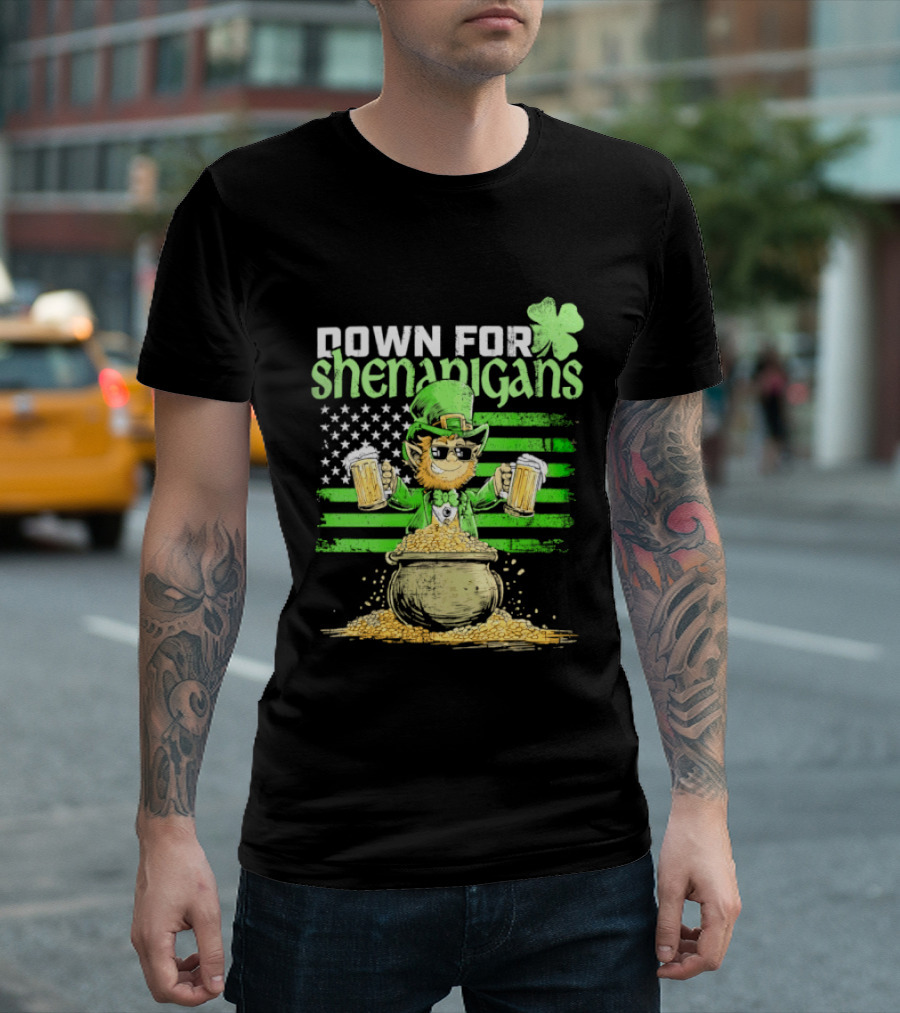 Down For Shenanigans Leprechaun With Beers And Clover American Flag T-Shirt
