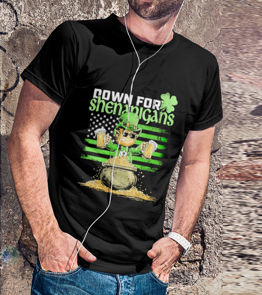 Down For Shenanigans Leprechaun With Beers And Clover American Flag T-Shirt