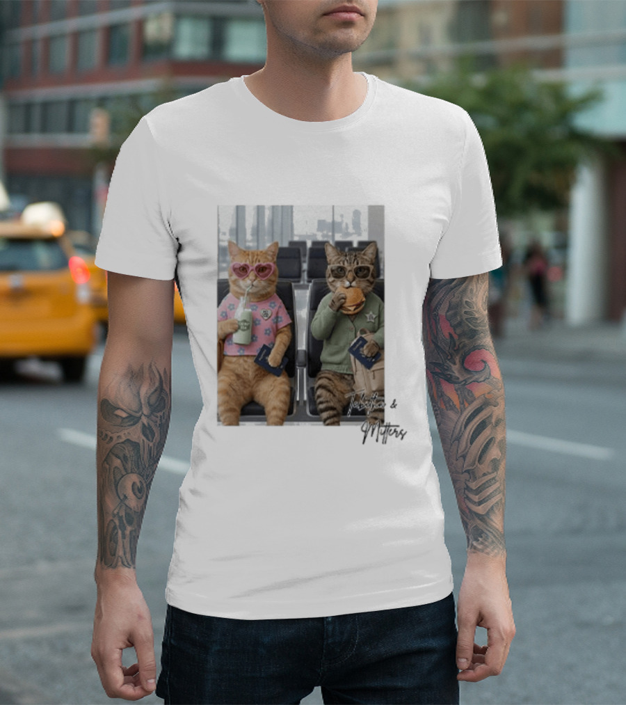 Tabitha & Mittens Airport Adventure Cats With Heart Glasses Milkshake Burger Passport T-Shirt