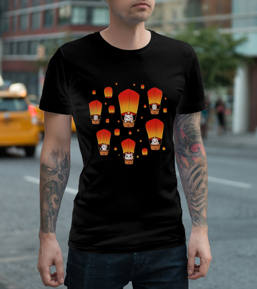 Cats In Lanterns Floating Skyward With Chinese New Year Charm T-Shirt